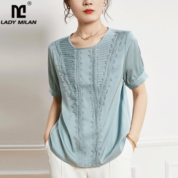 

women's blouses & shirts 100% silk shirt o neck short sleeves embroidery pullover elegant tshirt blouse, White