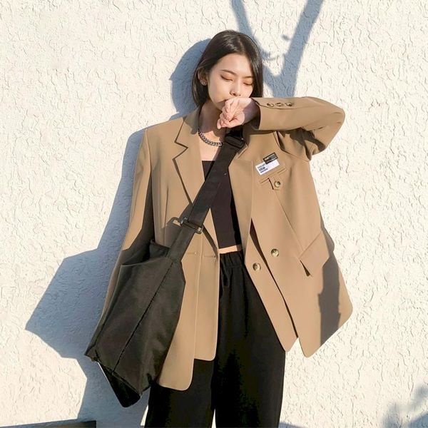

fashion brown blazers women 2021 new high street fake two pieces suit jaets female casual long sleeve coat spring autumn coats, Black