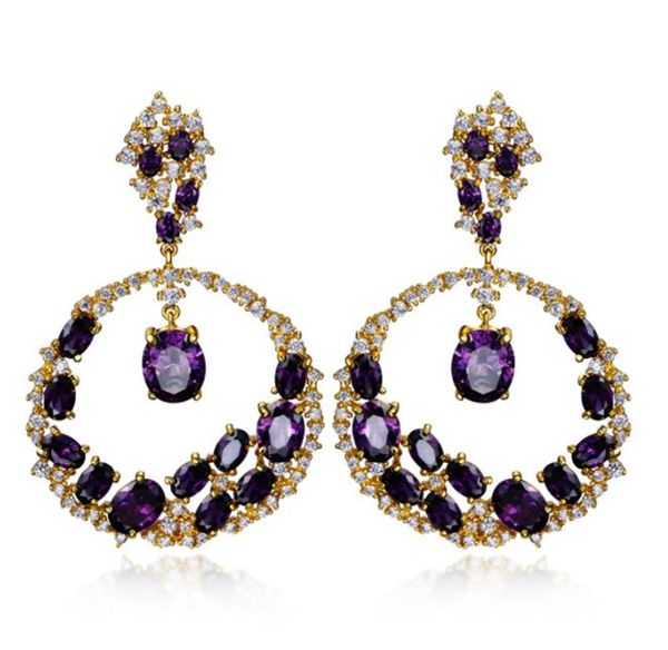 

red zircon earrings round cz jewelry for wedding bride women cubic zirconia purple blue black dropping earrings stud korean jewelry prom, Silver