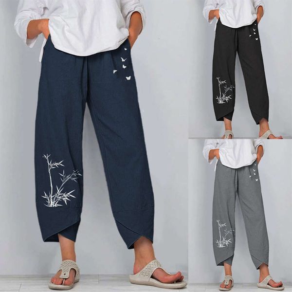 

autumn and winter 2020 bamboo butterfly printed linen casual slacks female y-345, Black;white