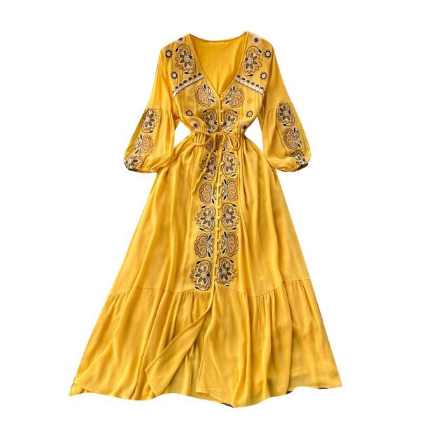 

casual dresses spring autumn women v-neck three quarter sleeve loose long dress retro embroidery vacation, Black;gray