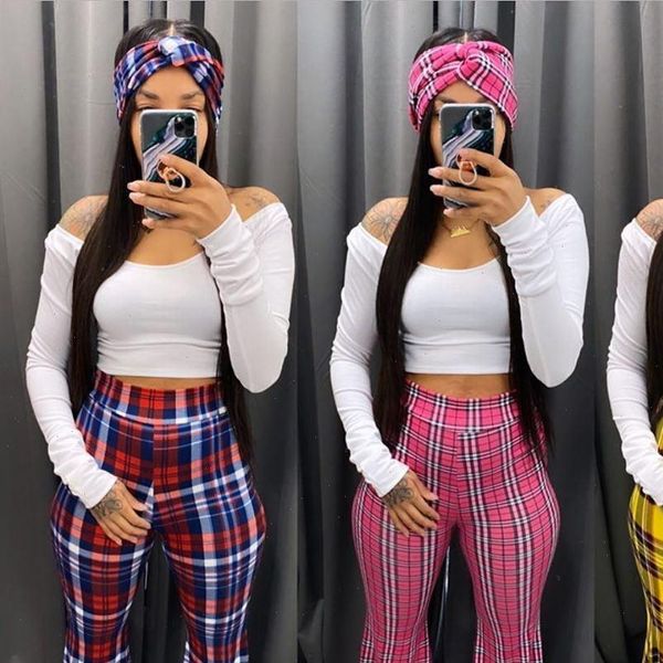 

plaid print high waisted flare pants for women 2021 fashion bell bottom pants casual trousers d91 cc26, Black;white