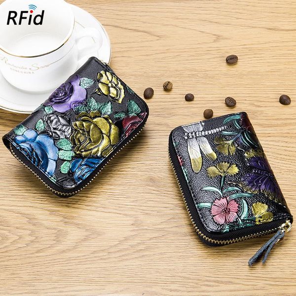 

card holders large capacity cowhide rfid holder zipper 3d flower organ cardholder fashion women lady wallet coins bag, Brown;gray