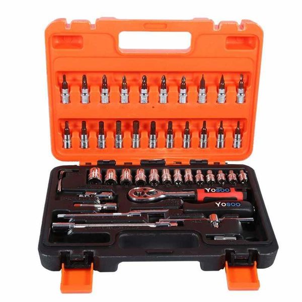 

professional hand tool sets 46pcs socket spanner wrench ratchet set 1/4" drive metric extension bar with box