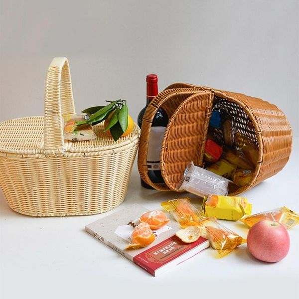 

storage baskets t21d picnic basket woven rattan with lid camping bread fruit food box