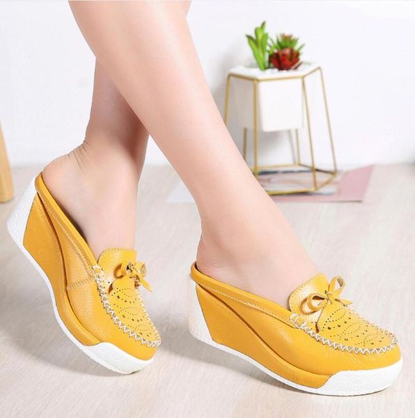 

women genuine leather sandals high heels ladies casual mules shoes platform slides beach shoes summer outdoor wedge slippers, Black