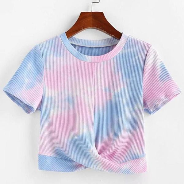 

salewomen on o neck t-shirt crop 2021 summer fashion random mouwen tie dye color scheme print smart fit short t-shirts, White