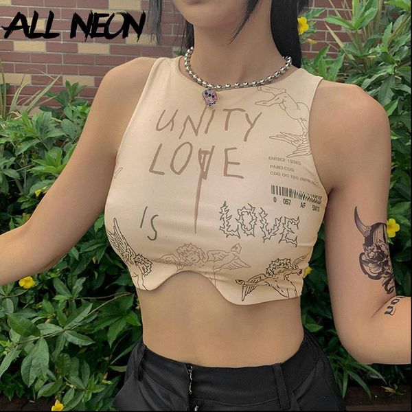 

y2k 90s summer graphic and letter print sleeveless tank e girl punk style o neck crop vintage chic khaki vest, White