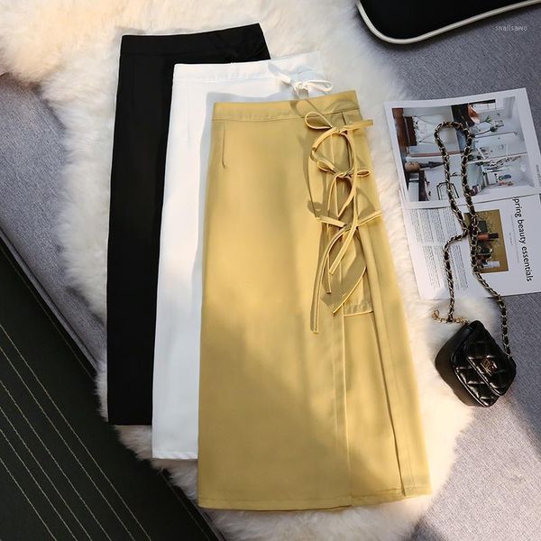 

skirts female irregular slit midi skirt summer spring 2021 women's s-line high-waisted palin with bandage jupe de dame, Black