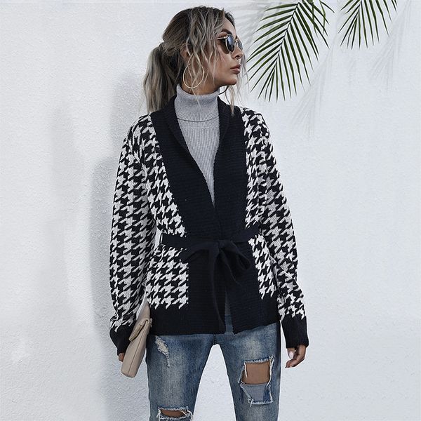 

houndstooth jumper cardigans autumn winter solid knitted belt sweater for women 2021 new fashion ao2m, White;black