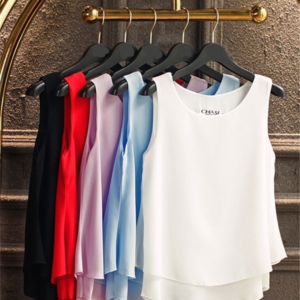 

banerdanni o-neck women's blouse fashion brand large size blouse shirt double layer chiffon shirts casual sleeveless loos 210315, White