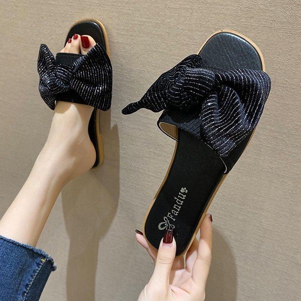 

slippers 2021 summer women's bowknot fashion all-match casual flat solid, Black