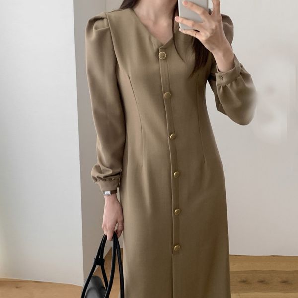 

New 2021 early spring design puff sleeve dress solid color P6P5, Black;gray