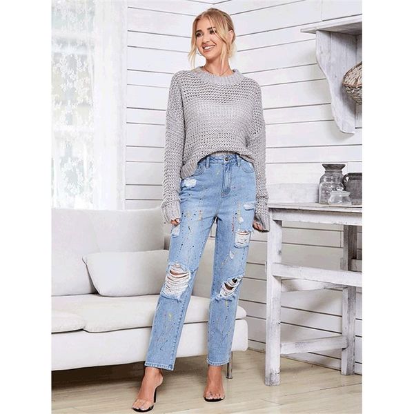 

women's jeans personality painted printing slim slimming trousers high waist fashion sprinkled paint dots cut rotten denim wome, Blue