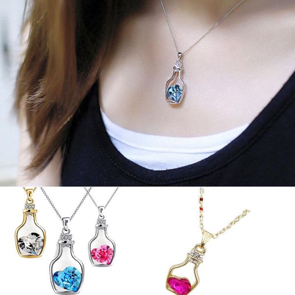 

pendant necklaces drifting bottle necklace fashion crystal loves heart shaped clavicle chain couple gift friendship jewelry, Silver