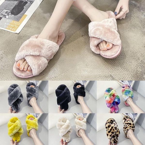 

slippers children warm fluffy cozy faux fur cross indoor floor slides flat rainbow furry shoes babies celebrities flip flops, Black