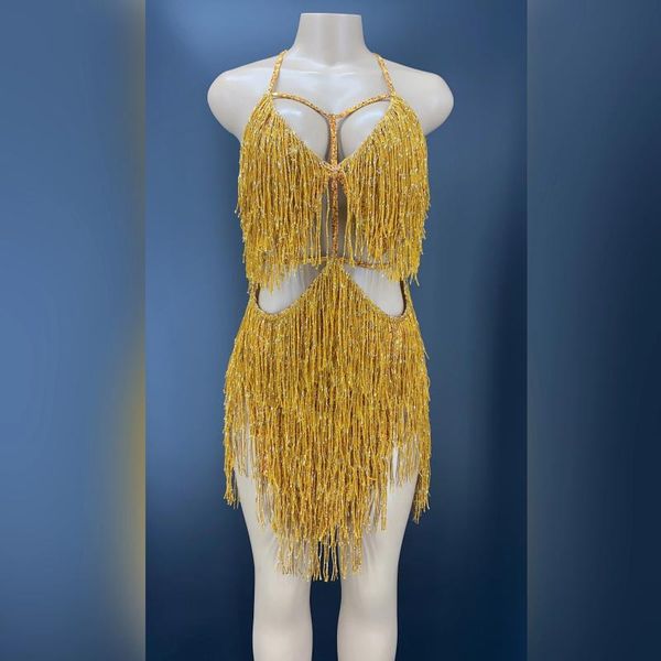 

stage wear fashion show gold fringes costume outfit tassel dress evening birthday party dance nightclub singer performance, Black;red