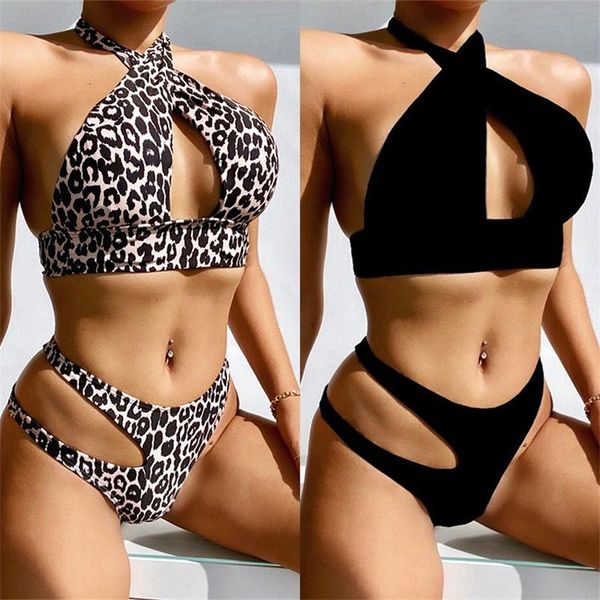 

women's swimwear outer single 2021 european split swimsuit leopard print hollow out bandage bikini, White;black