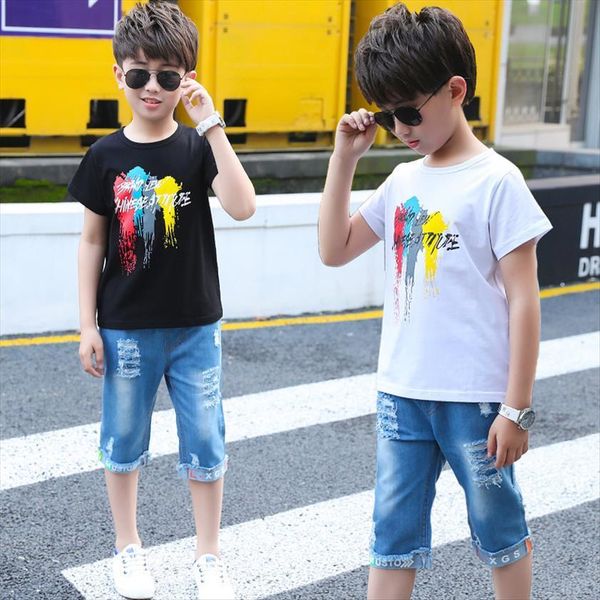 

childrens casual wear tracksuit boy kids clothes boys cotton t shirt denim shorts pants outfits sets baby teens clothing suit, White
