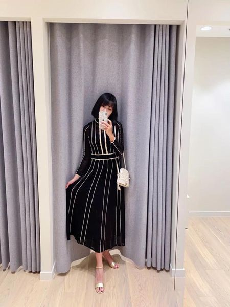 

casual dresses method s home 2021 winter fair maiden temperament lace stripe long two-piece knit dress is 21103, Black;gray