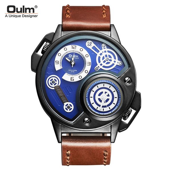 

watch oulm2021 leather men's personality large dial double time zone quartz, Slivery;brown