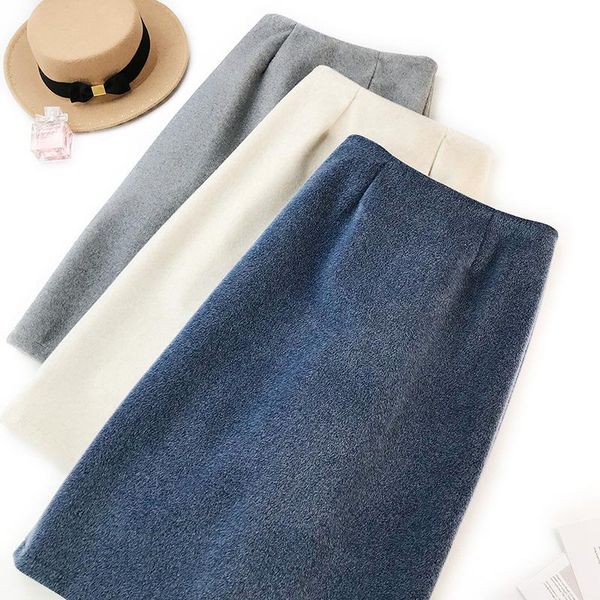 

skirts women autumn winter woolen midi skirt high waist pencil office lady bodycon woman long saia falda mujer, Black