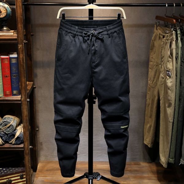 

spring autumn overalls men's casual fashion brand slim with elastic waist and harlan legged pants, Black