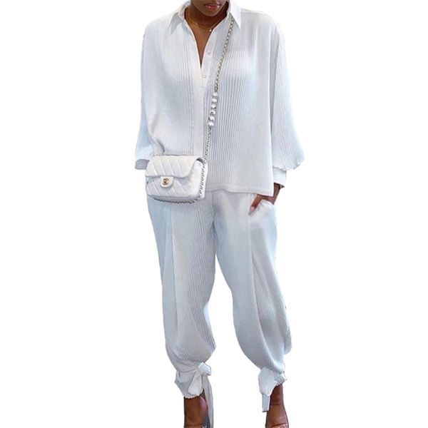 

two piece set women'suit pants tracksuits casual set solid long sleeve t-ahirt loose pants ropa mujer 210709, White