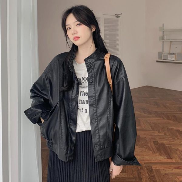 

women's leather & faux korean autumn and winter locomotive pocket design stand collar retro women cover, Black