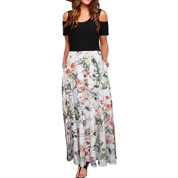 

summer print ankle length womens dresses bohemian plus size floral short sleeve maxi daily, Black;gray