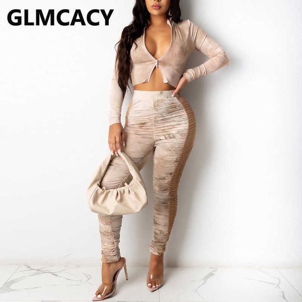 

women two piece suits long sleeve zipper crop & ruched pants set 210702, White