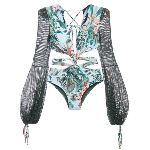 

women one-piece tropical leaves bikini mesh puff sleeve backless swimsuit h58d