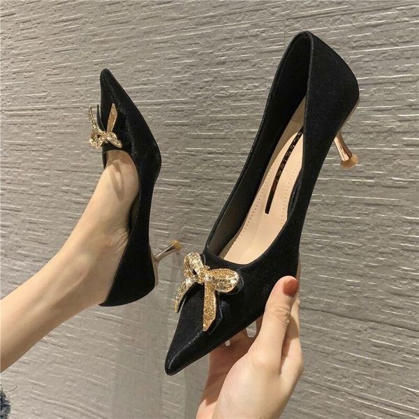 

dress shoes stiletto shallow mouth wedding women pumps bowknot pointed toe high heel woman zapatillas mujer, Black
