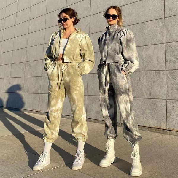 

women's two piece pants kalenmos pant sets woman tie-dye printed puff sleeve stand-up collar cardigan sweater lace-up casual jogger, White