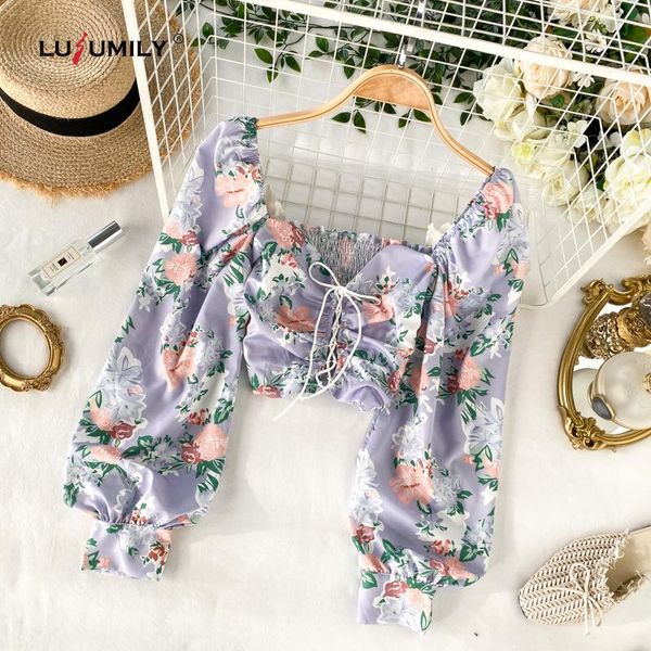 

women's blouses & shirts lusumily off shoulder women blouse flower print long sleeve crop 2021 fashion summer shirt casual tee, White
