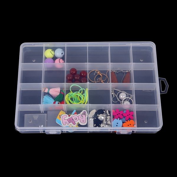 

24 slots adjustable jewelry storage box case craft organizer beads multi grids transparent plastic storage box portable, Black;white