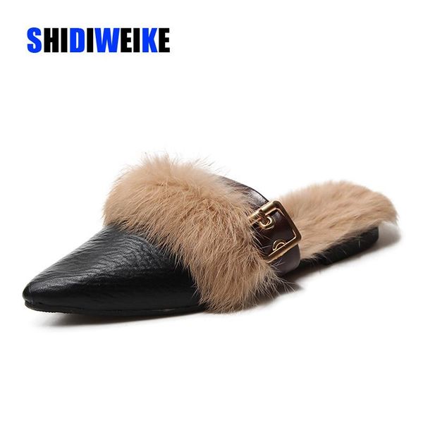 

slippers real fur shoes woman 2021 mules women's furry winter warm women fashion hair, Black