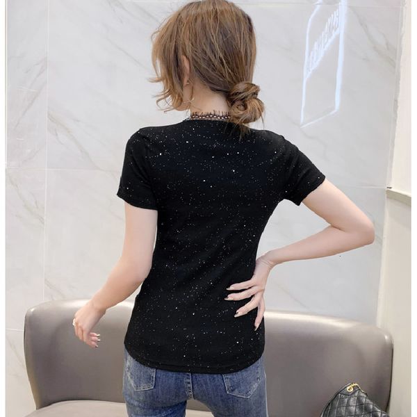 

new summer korean style cotton t-shirt girls chic v-neck patchwork lace shiny women short sleeve black tees 2021 t13103a a99z, White