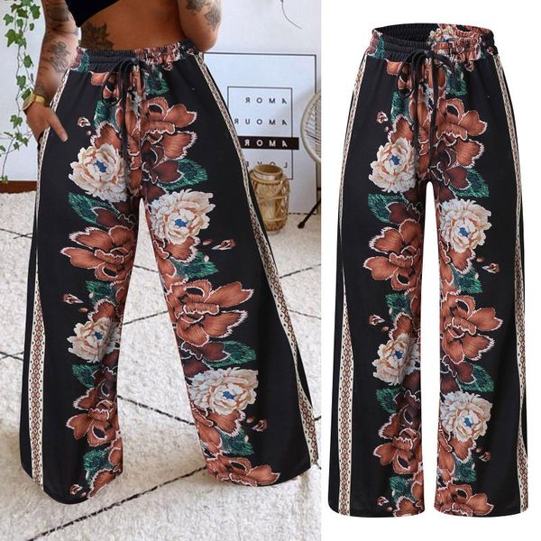 

women's pants & capris summer women casual wide leg high waist printing easy trousers long boho beach pockets pantalones de mujer, Black;white
