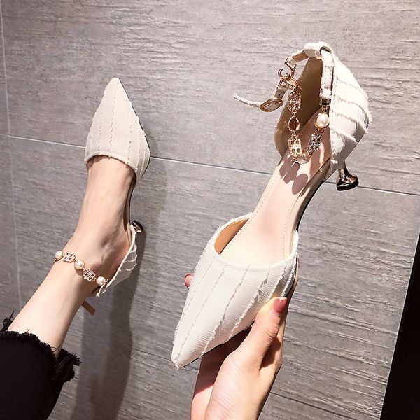 

2021 summer baotou new faerie sandals fine a line six-inch belt pointed high heels women's shoes office 9em7, Black