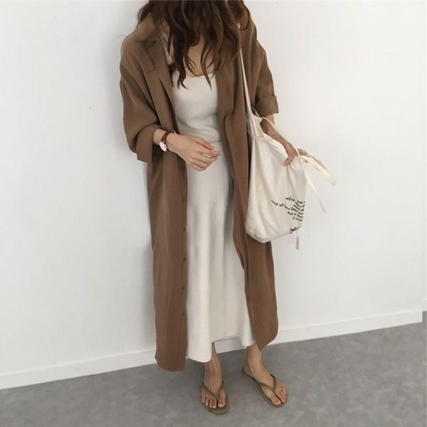 

spring autumn long shirt coat korean loose solid color outwear lapel over the knee sunscreen windbreaker female, White
