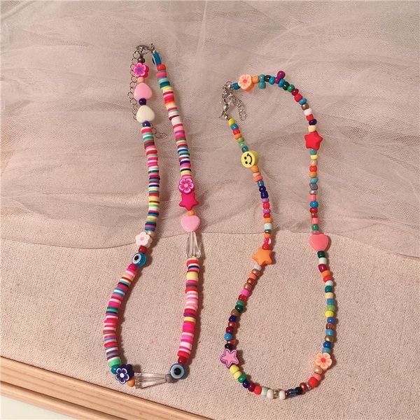 

chokers 2021 summer colorful soft ceramic bead choker necklace fashion trendy star flower beads jewelry, Golden;silver