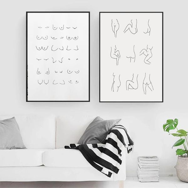 

paintings nordic funny bathroom nude women line boobs and butts canvas painting poster print wall art pictures for home decor