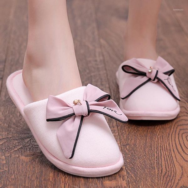 

slippers warm cute bow autumn winter woman home wear sandals flats comfortable soft bottom cotton s1311, Black