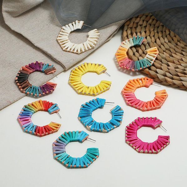 

hoop & huggie handmade geometric raffia woven dangle earrings for women colorful octagonal exaggerated big love grass braided pendant earrin, Golden;silver