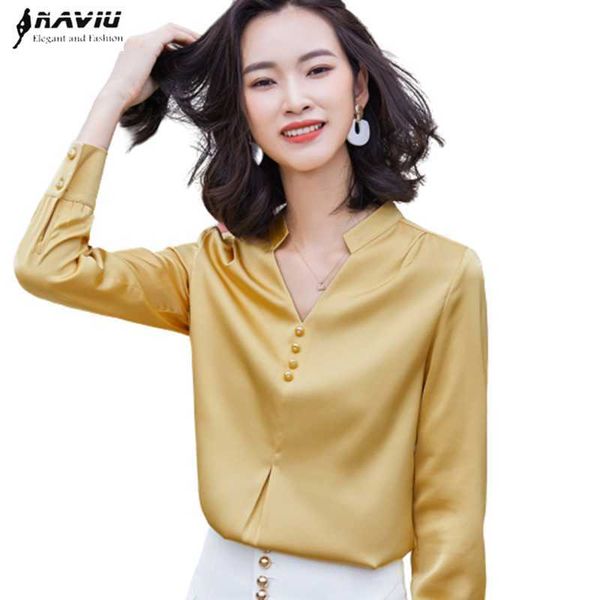 Camisa Amarelo Mulheres Manga Longa Cetim Outono Temperamento De Design V Neck Chiffon Casual Blusas Escritórios Escritórios Formal Trabalho Tops 210604