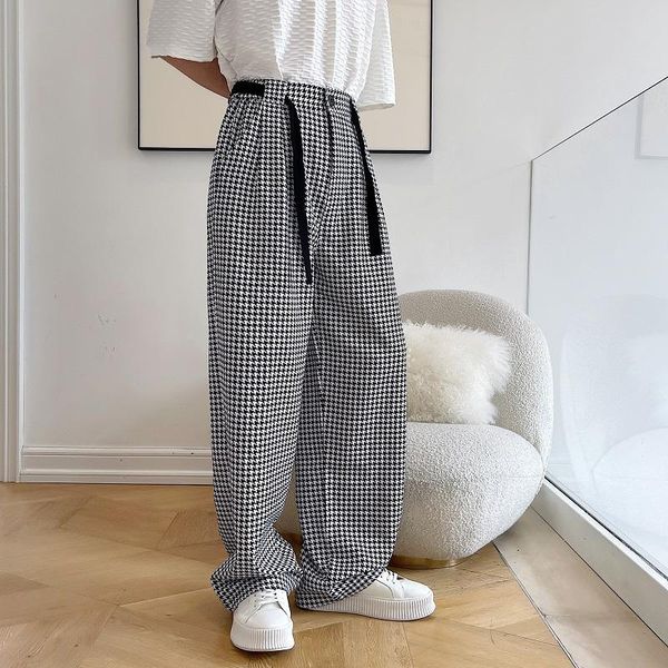 

men's pants summer thin casual straight tube loose black and white plaid retro belt qianniao wide leg