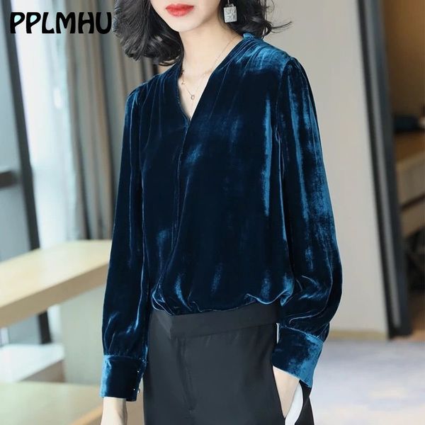

women v-neck velvet office blouse elegant blue long sleeve wild basic shirts plus size vintage casual ladies spring new 210308, White