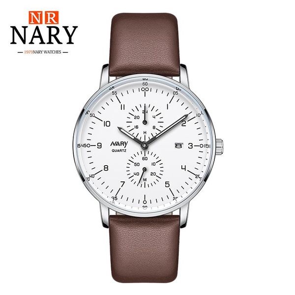 

wristwatches mens watches fashion nary men watch brown leather band chronograph quartz male montre homme, Slivery;brown
