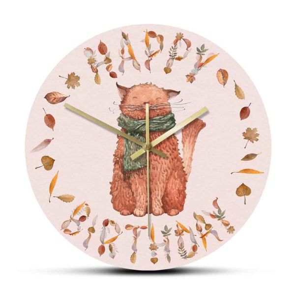 

wall clocks happy birthday autumn leaves cat large acrylic hanging watch nordic fashion printed non ticking kitty kitten clock
